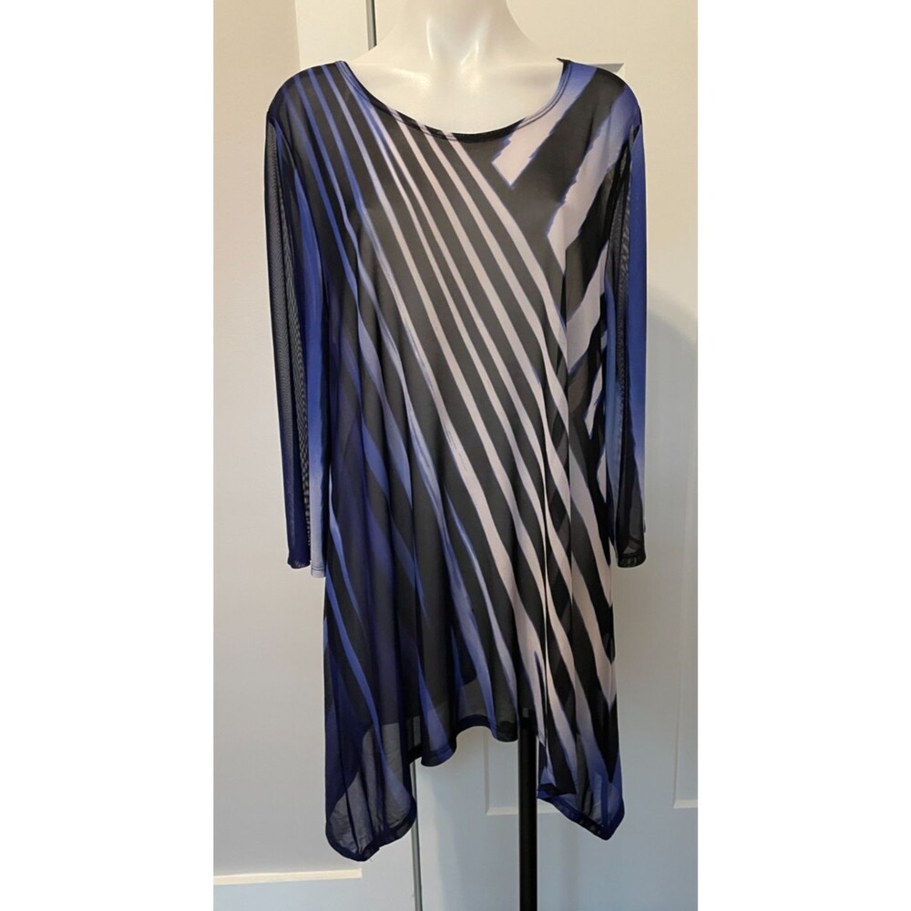 CHICOS Travelers Womens Mesh Knit TOP 3/4 Sleeve BLUE Black STRIPE Sz 3 (XL/16)